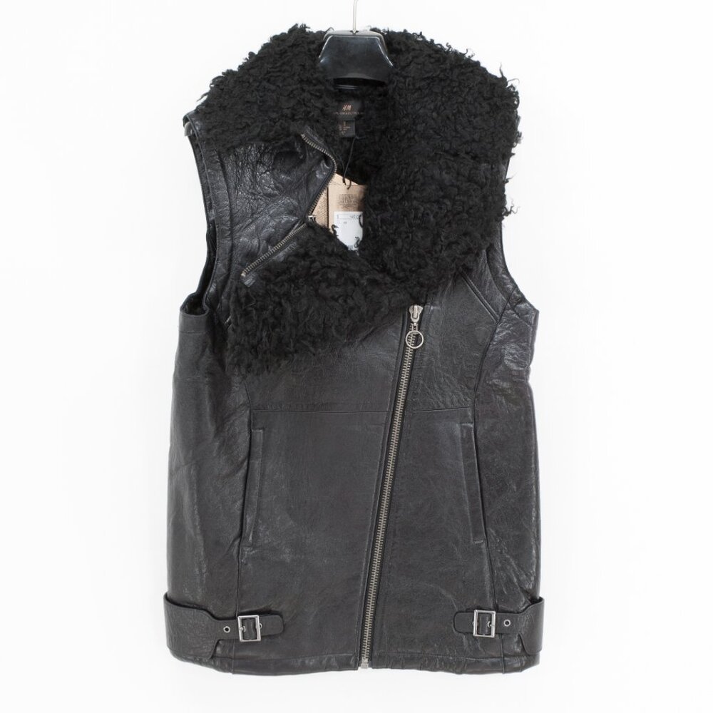 H&M Faux Leather Moto Vest Oversized Shearling Collar Men’s XS - Picture 2 of 5